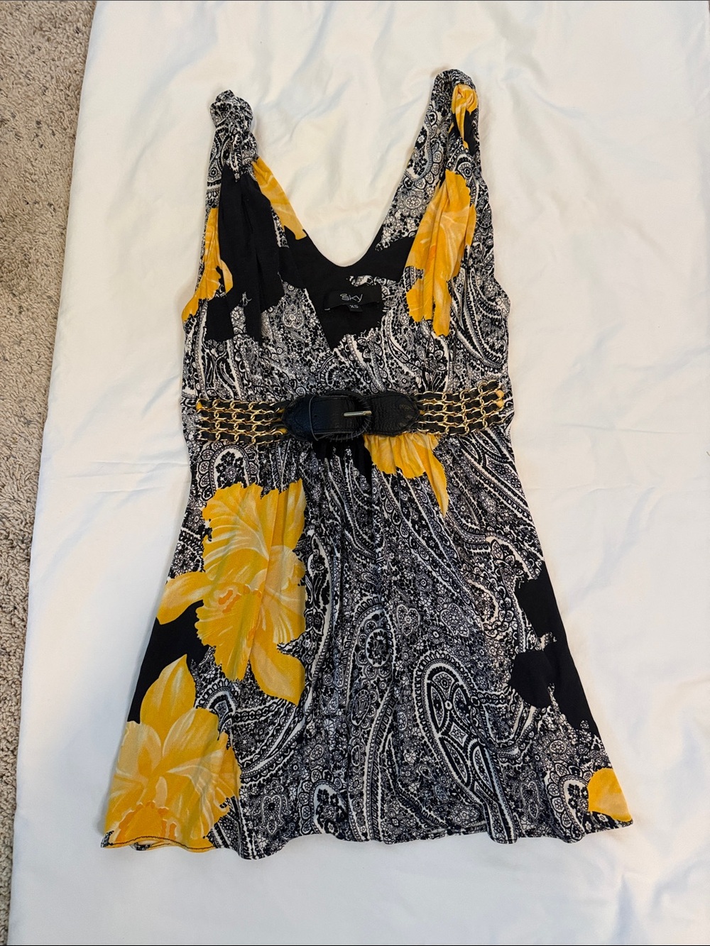 Sky Black & Yellow Paisley Floral Camisole with Decorative Belt Sz XS